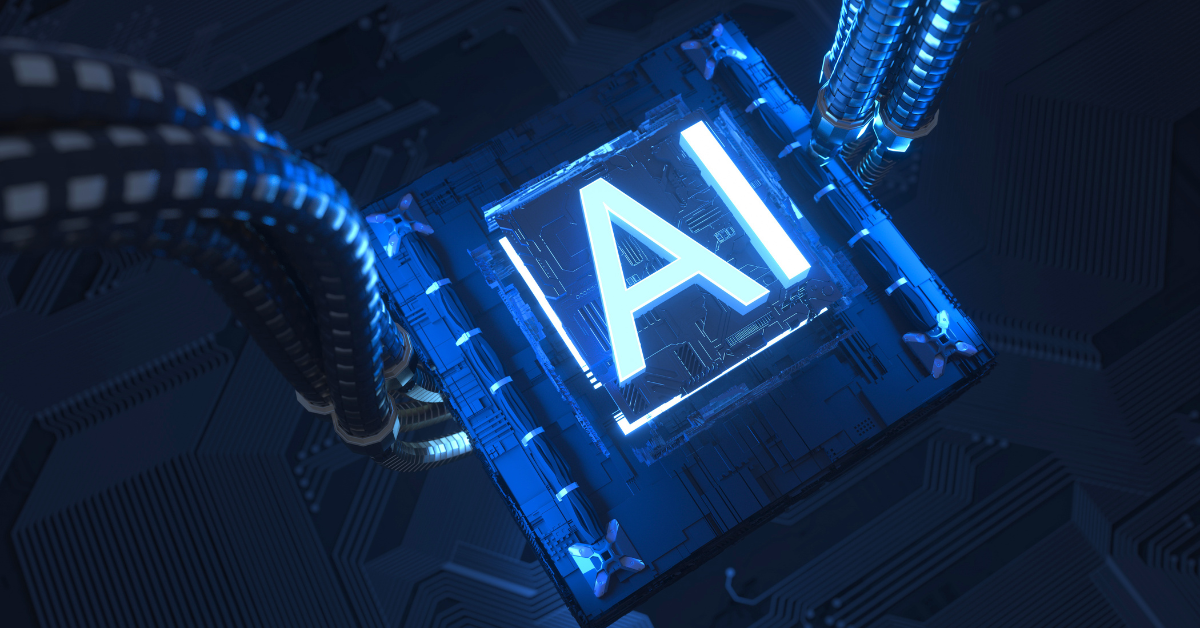 A glowing AI processor chip integrated into a high-tech circuit system, representing the growing power of artificial intelligence in software development.