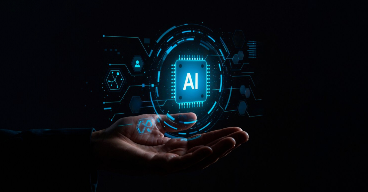 A person’s hand supporting a floating holographic AI chip, symbolizing the fusion of human decision-making and artificial intelligence.