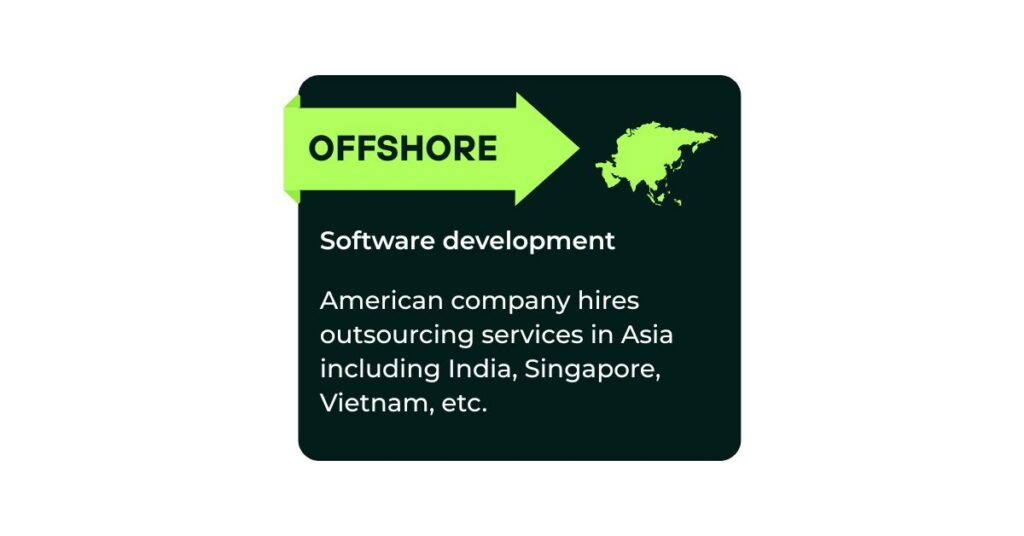 parallelstaff- A graphic with a green arrow labeled OFFSHORE pointing right, showing a map of Asia and text describing offshore software development: hiring IT outsourcing services in Asia, including India, Singapore, Vietnam, etc.