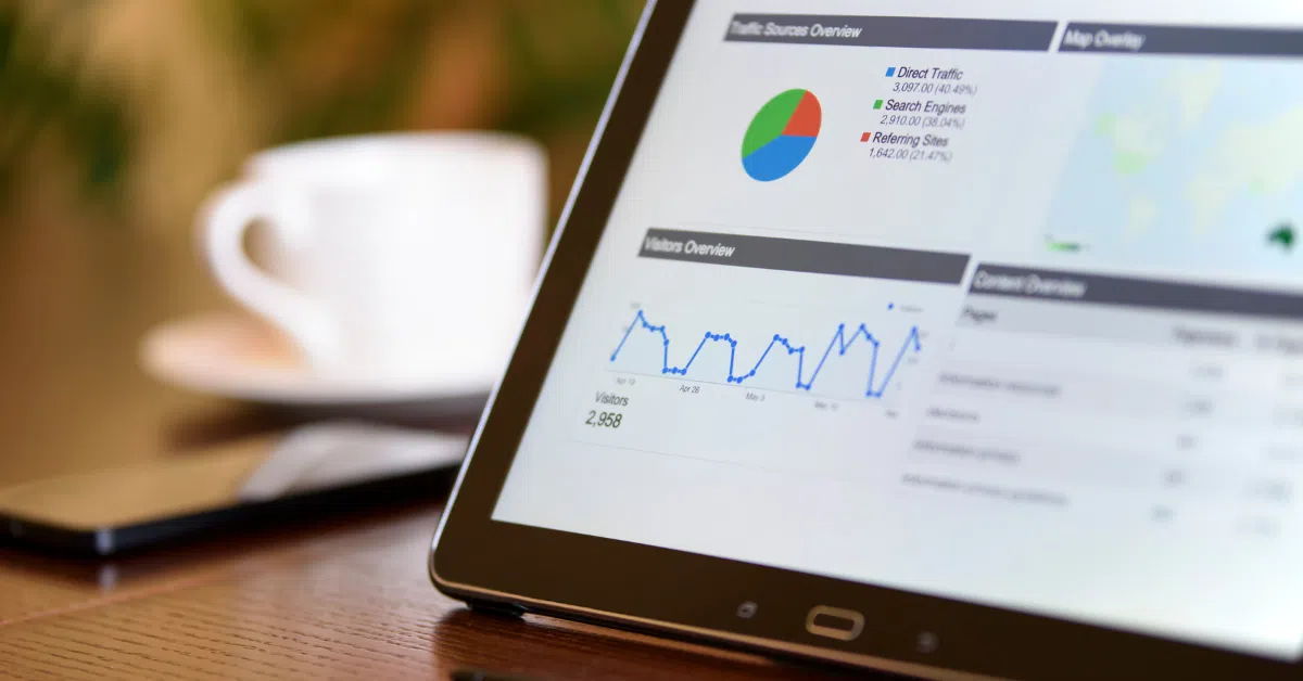Tablet screen showing traffic analytics and performance charts with a coffee in the background.