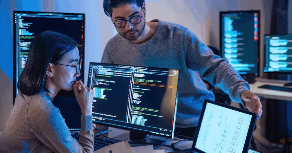 Two software engineers reviewing code and system metrics on multiple monitors in a DevOps environment.
