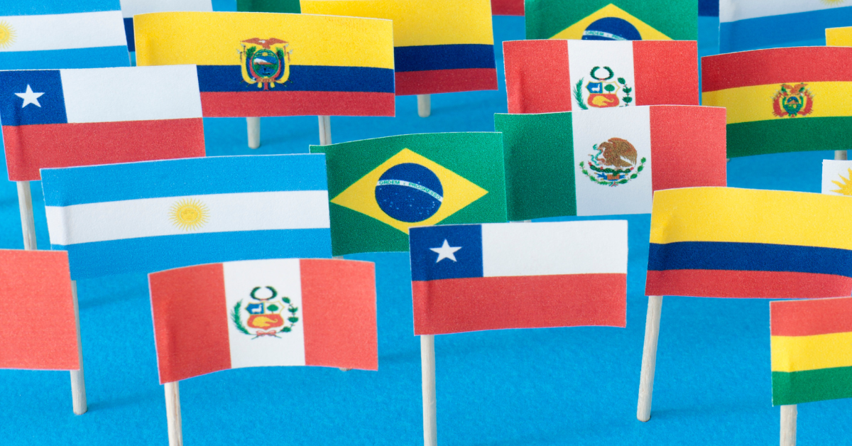 Flags of Latin American countries including Colombia, Brazil, Mexico, and Argentina symbolizing tech outsourcing regions.