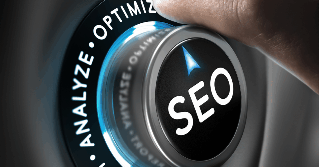 Hand adjusting a knob labeled SEO surrounded by “Analyze” and “Optimize” text.