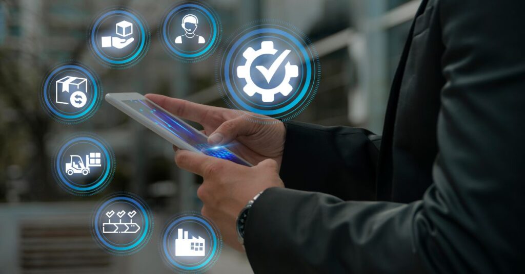 Person using a tablet with floating supply chain and logistics icons representing AI-powered forecasting.