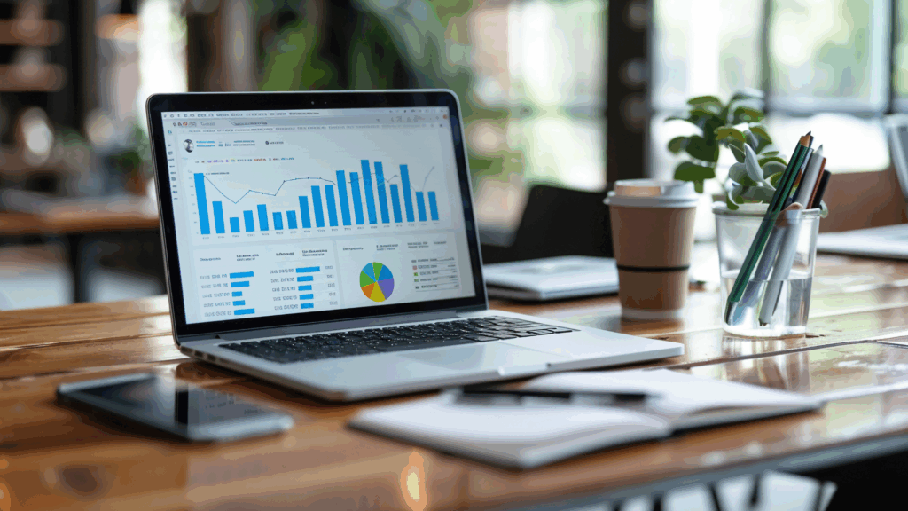 Open laptop showing charts and analytics on a desk, representing performance tracking and data-driven decisions in outsourcing models.