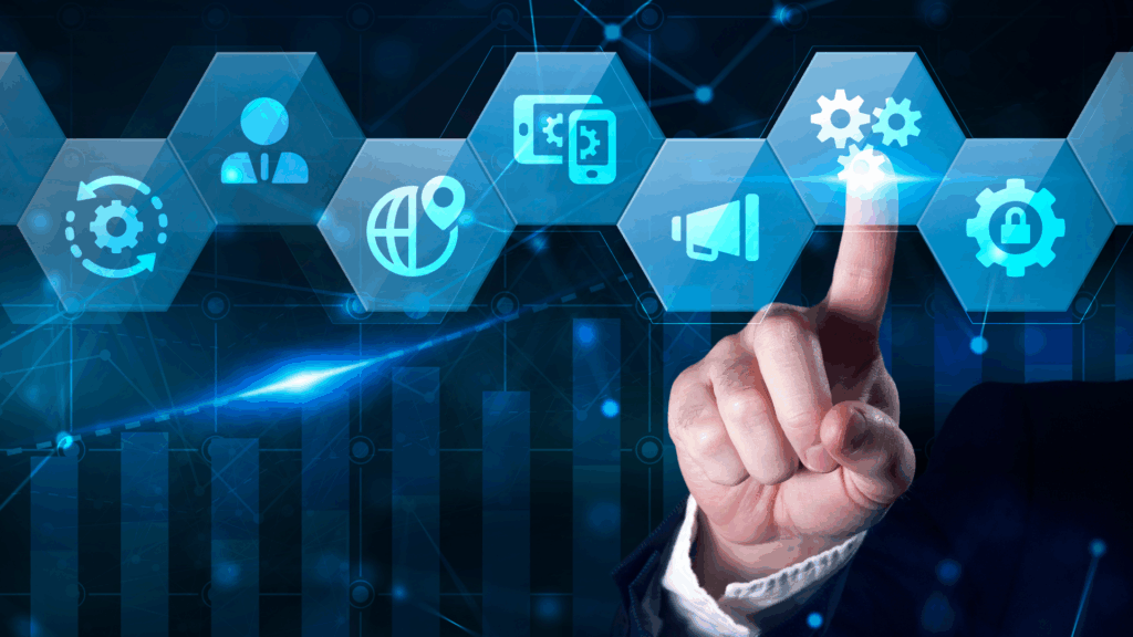 Close-up of hand interacting with futuristic touchscreen gears and tech icons, symbolizing agile software development processes.