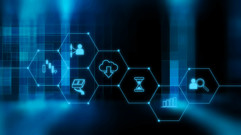 Blue-toned abstract interface with fintech-related icons like cloud computing, time, money transfer, and analytics, representing the digital infrastructure of financial technology.