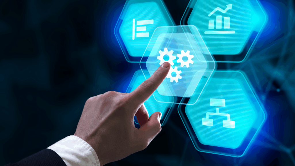 Close-up of a hand interacting with a digital interface selecting a gear icon, symbolizing automation, optimization, and strategic IT augmentation.