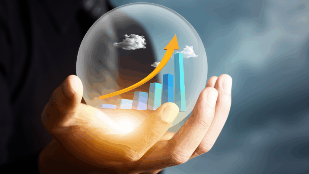 Person holding a glass sphere with a 3D bar chart and arrow inside, symbolizing business growth and future potential.