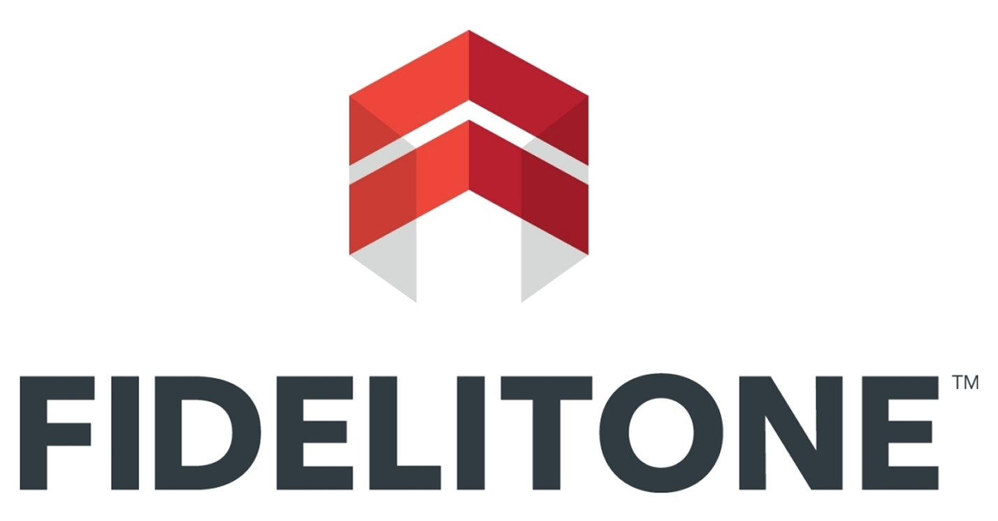 parallelstaff- FIDELITONE logo featuring bold, dark gray capital letters below a geometric red and white shape resembling an upward-pointing arrow or stylized cube.