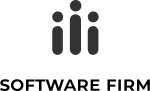 parallelstaff- Logo with three vertical black bars of varying heights, each topped with a small circle, resembling abstract people or a bar chart, above the bold, black, uppercase words SOFTWARE FIRM by Softeq.