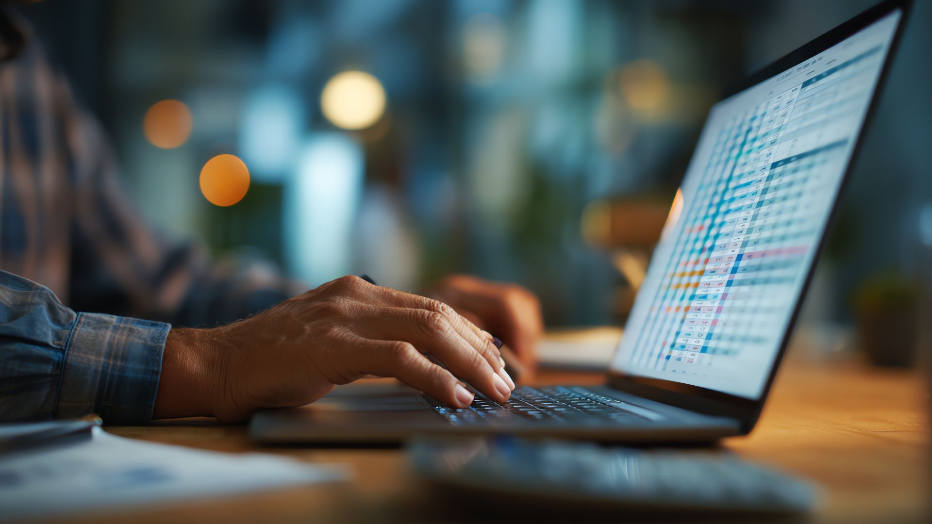 parallelstaff- A person’s hands typing on a laptop keyboard, with a spreadsheet displayed on the screen in a softly lit, blurred office environment.