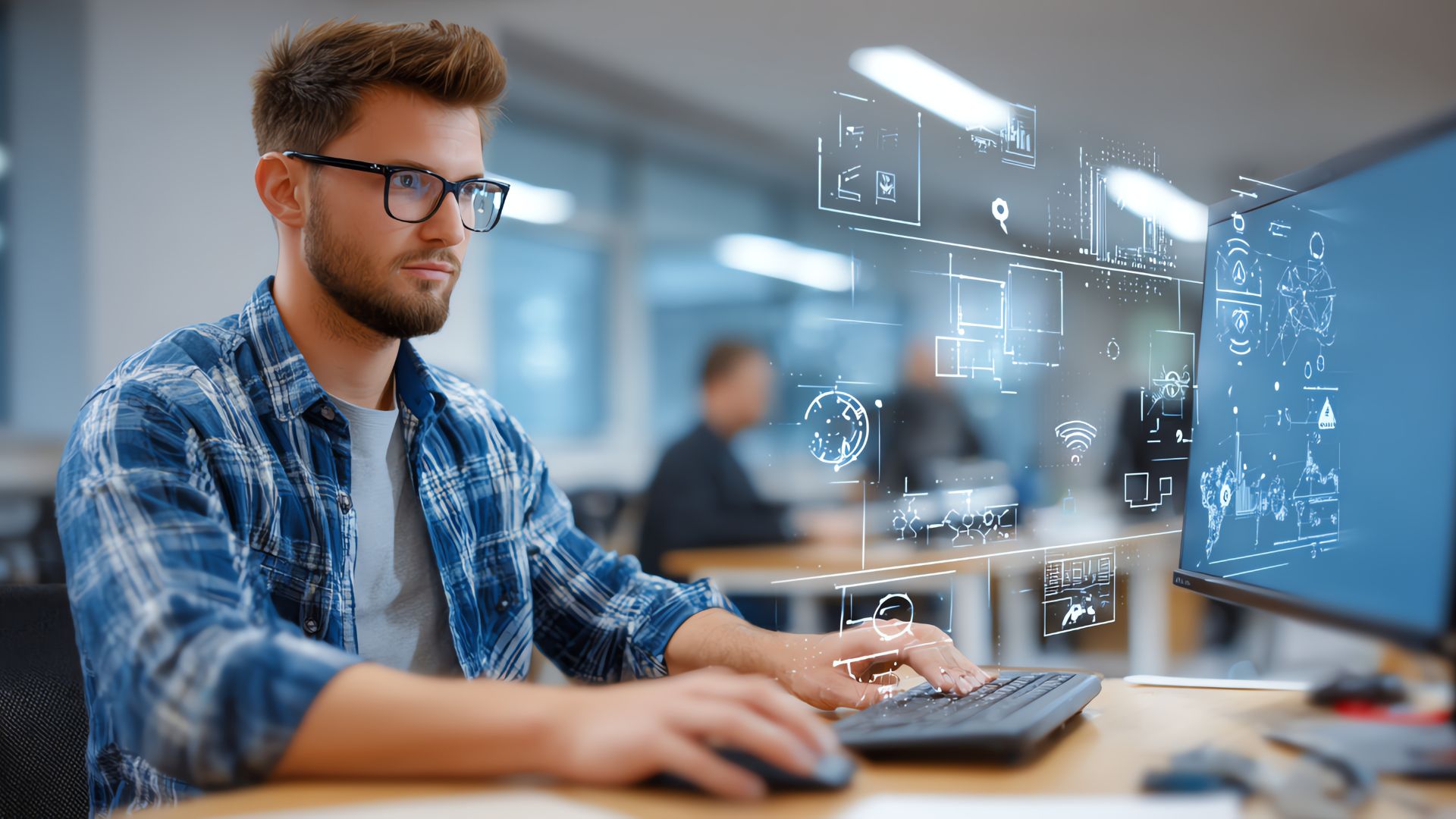 parallelstaff- A man wearing glasses and a plaid shirt works on a computer in an office. Digital graphics and technology icons are overlaid, suggesting innovation, programming, or software development.