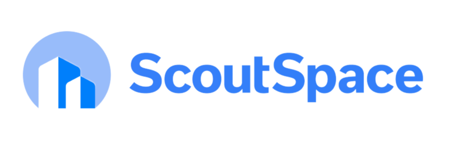 parallelstaff- Logo for ScoutSpace featuring two white, stylized building shapes inside a blue circle, next to the word ScoutSpace in bold blue letters on a light background.