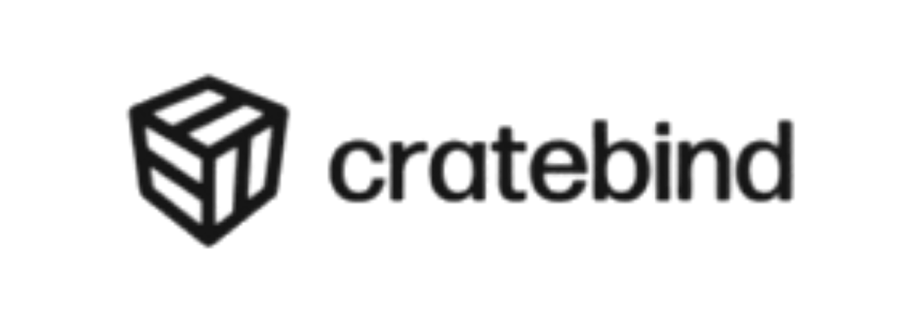parallelstaff- Black logo with a geometric cube icon to the left of the word cratebind in lowercase letters. The design is simple and modern, featuring a bold sans-serif font.