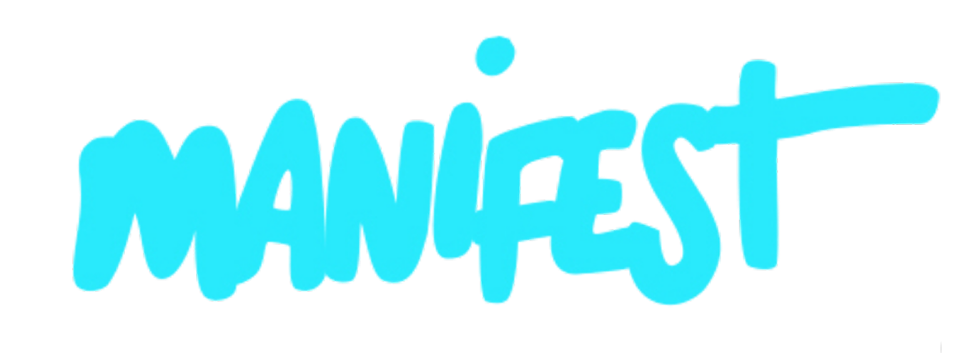 parallelstaff- The word MANIFEST is written in bold, bright blue, handwritten-style letters on a white background.