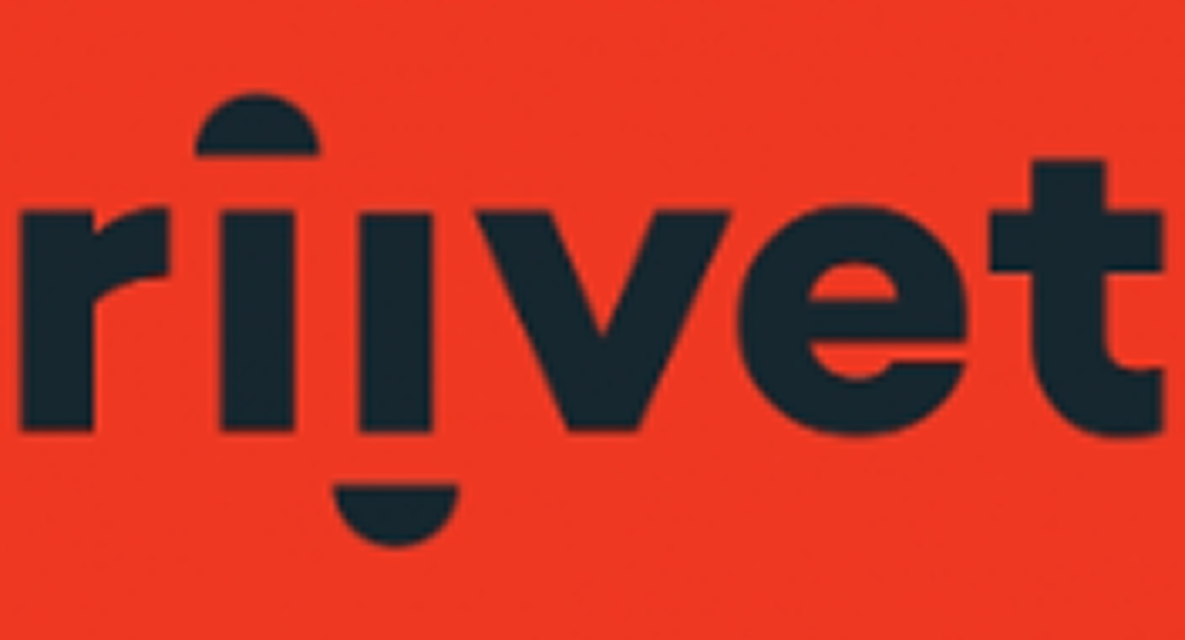 parallelstaff- The word rivet is written in bold, black lowercase letters on a red background. The two i letters are stylized to resemble an actual rivet, with curved shapes above and below them.