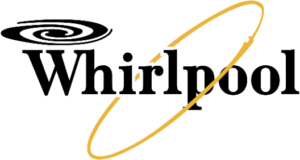 parallelstaff- Whirlpool logo with a black swirl above the letter W and a golden curved line looping around the letters i and l in the brand name.