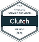parallelstaff- Hexagonal badge with the text: Top Managed Service Provider, Clutch, Mexico 2024 in dark and light gray, indicating a Clutch award for managed service providers in Mexico for 2024.