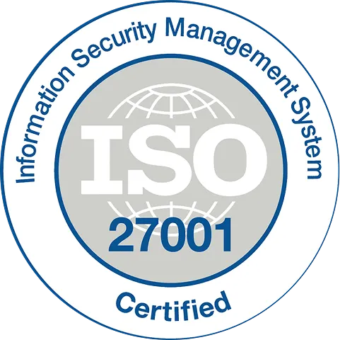 parallelstaff- A circular badge displaying Information Security Management System and Certified around a globe graphic with ISO 27001 prominently in the center.