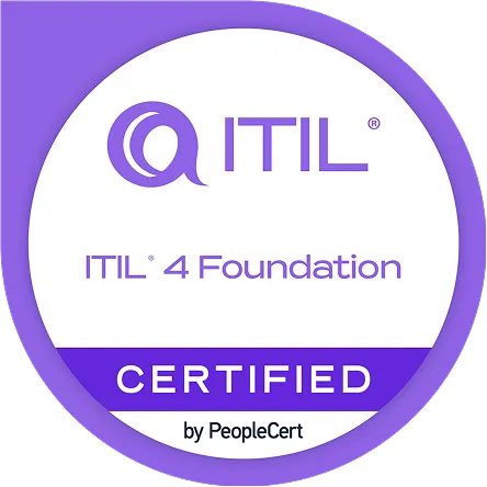 parallelstaff- Circular badge displaying the ITIL logo and text reading ITIL 4 Foundation CERTIFIED by PeopleCert in shades of purple and white.