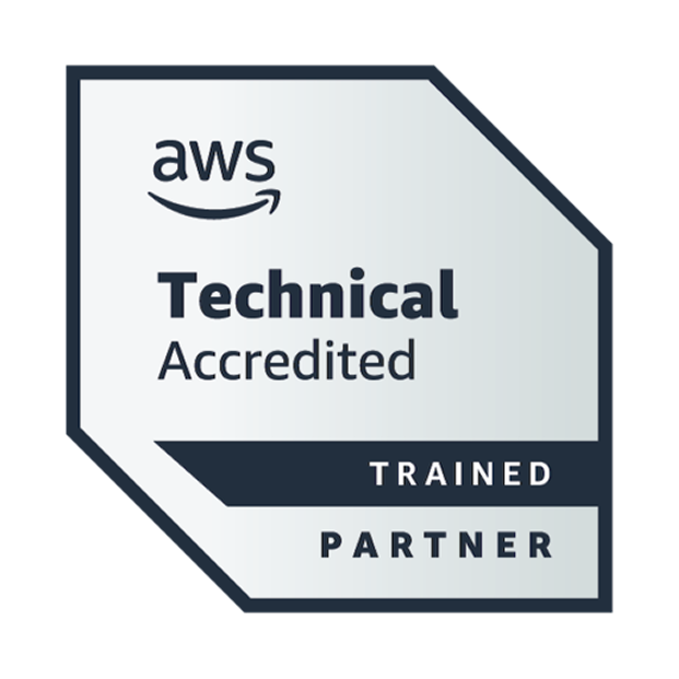 parallelstaff- AWS Technical Accredited badge with the words Technical Accredited above a dark band labeled Trained Partner. The AWS logo appears at the top, featuring aws with a curved arrow underneath.