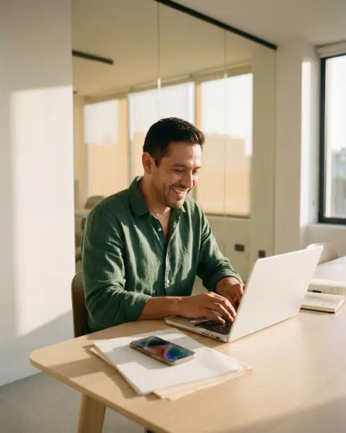 parallelstaff- A man in a green shirt sits at a desk, smiling while working on a laptop. A phone and some papers are on the desk in a bright, modern office with large windows.