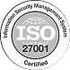 parallelstaff- A circular ISO 27001 certification badge with the text “Information Security Management System Certified” around the edge and “ISO 27001” in the center over a globe graphic.