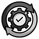 parallelstaff- A gear with a checkmark inside is surrounded by two curved arrows forming a circular motion, symbolizing process completion or system update.
