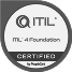 parallelstaff- A circular badge with the ITIL logo and the text “ITIL 4 Foundation Certified by PeopleCert” displayed in black and white.