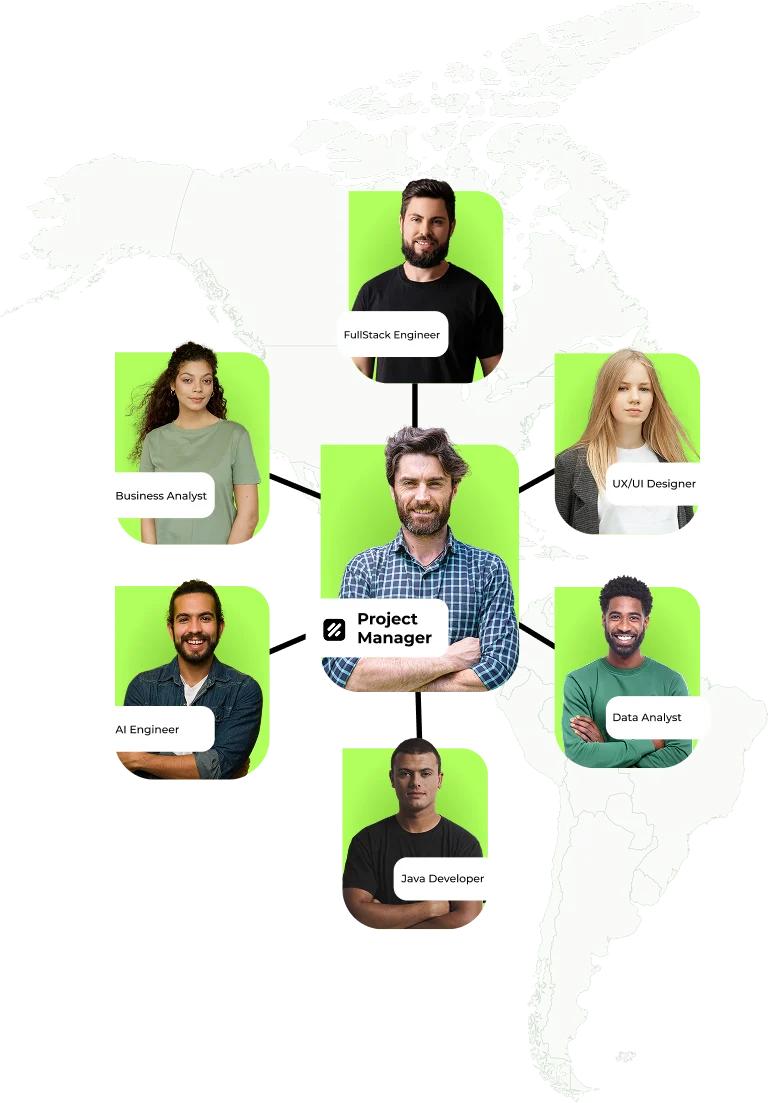 parallelstaff- A map of the Americas with headshots of seven people labeled by roles: Project Manager at the center, connected to Fullstack Engineer, UX/UI Designer, Data Analyst, Java Developer, AI Engineer, and Business Analyst.