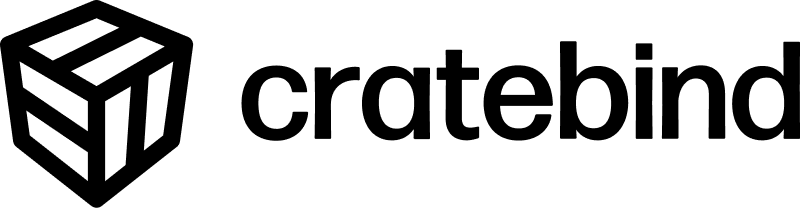 parallelstaff- A black geometric cube logo to the left of the word cratebind in bold, lowercase black letters on a white background.