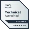parallelstaff- AWS Technical Accredited badge with the words Trained Partner displayed in a geometric, modern design. The AWS logo appears at the top left.