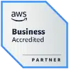 parallelstaff- A badge with the AWS logo and text that reads “Business Accredited” above a gray bar labeled “Partner.” The badge has a blue border and geometric design.