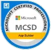 parallelstaff- Digital badge with the Microsoft logo and the text Microsoft Certified Professional MCSD App Builder in a blue, white, and gold circular design.