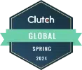 parallelstaff- A hexagonal badge with Clutch at the top, a green ribbon labeled Global across the center, and Spring 2024 at the bottom, representing a Clutch Global award for Spring 2024.