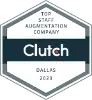 parallelstaff- Hexagonal badge with Top Staff Augmentation Company at the top, Clutch in the center, and Dallas 2023 at the bottom, indicating a 2023 Clutch award for staff augmentation in Dallas.