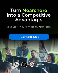 parallelstaff- Business advertisement with text: Turn Nearshore Into a Competitive Advantage. Your Stack. Your Timezone. Your Team. Below is a blue Contact Us button and a group of people working at computers with tech logo badges at the bottom.