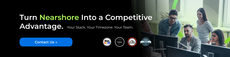parallelstaff- A team of four people collaborate in front of computer screens. Text reads: Turn Nearshore Into a Competitive Advantage. Your Stack. Your Timezone. Your Team. There is a blue Contact Us button on the left.