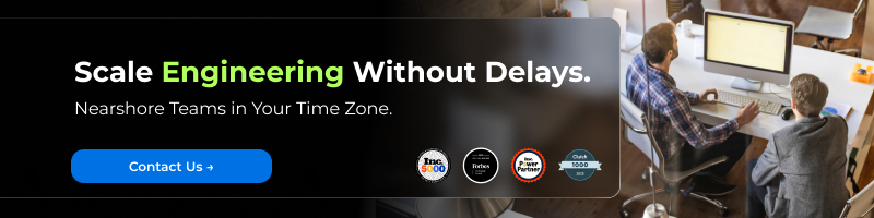 parallelstaff- Two people working at desks with computers. Text reads: Scale Engineering Without Delays. Nearshore Teams in Your Time Zone. Buttons and award badges are displayed on a dark overlay.