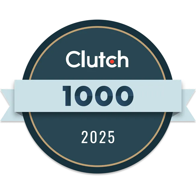 parallelstaff- A round badge with a light blue ribbon displays the Clutch logo at the top, “1000” in large numbers in the center, and “2025” at the bottom, signifying a Clutch 1000 award for 2025.
