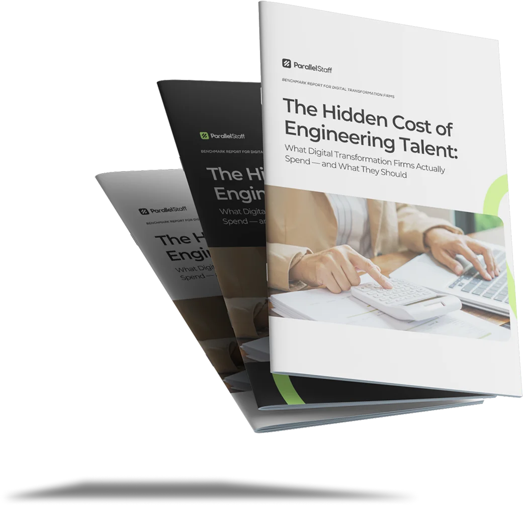 parallelstaff- Three booklets are fanned out, with the front one titled The Hidden Cost of Engineering Talent. The cover features a person typing on a laptop and holding a pen. The ParallelStaff logo appears at the top.