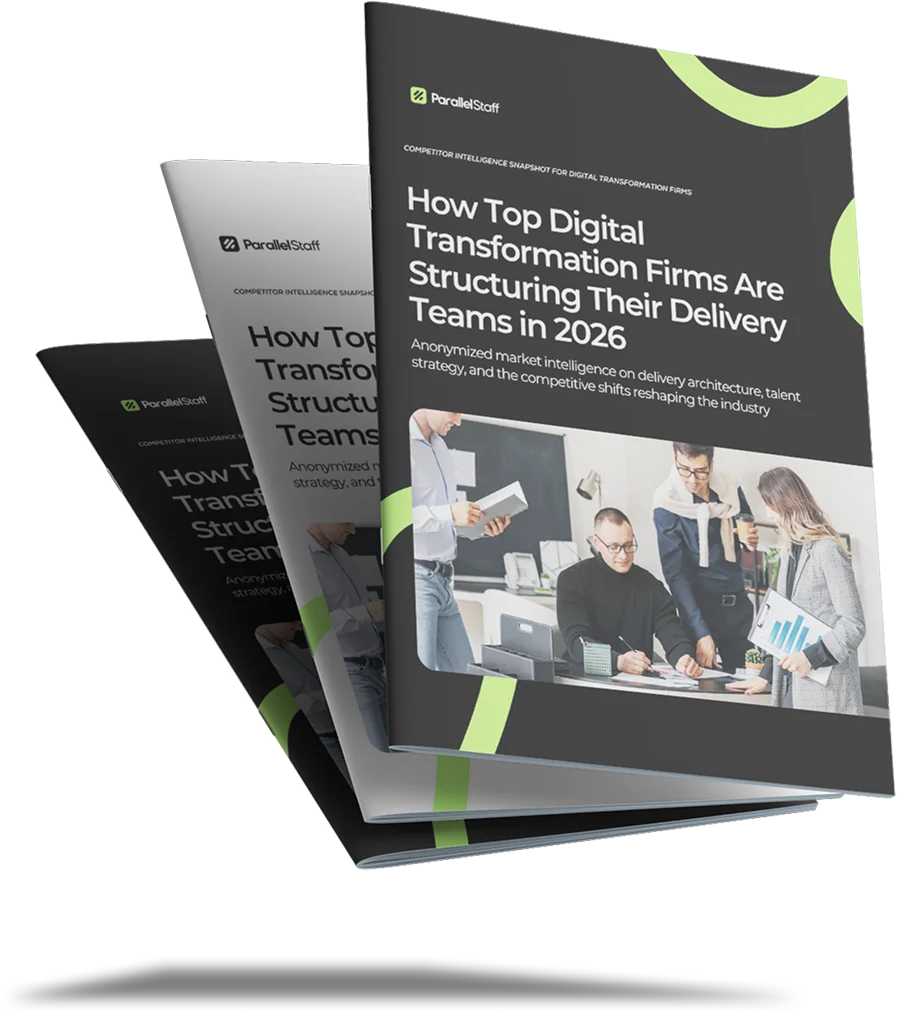 parallelstaff- A stack of business reports titled How Top Digital Transformation Firms Are Structuring Their Delivery Teams in 2026, featuring professionals working together on laptops in an office setting.