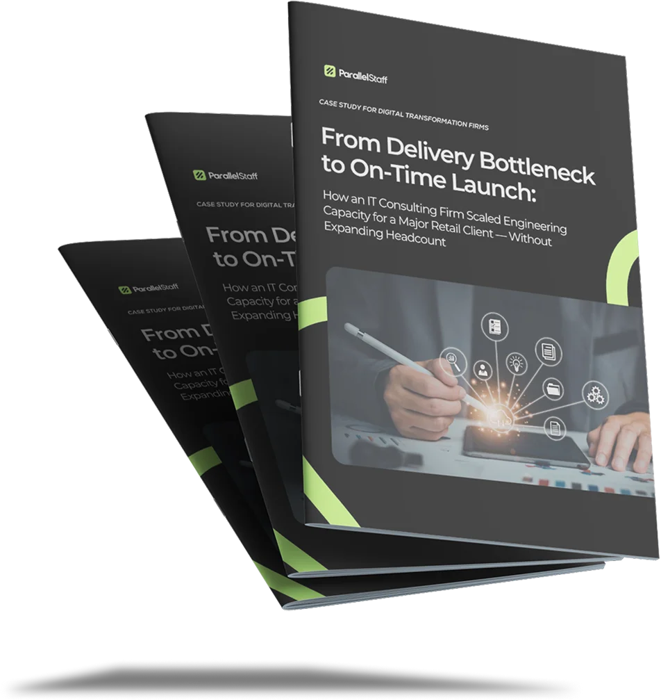parallelstaff- A stack of brochures titled From Delivery Bottleneck to On-Time Launch by ParallelStaff, featuring a digital illustration of a hand interacting with glowing icons on a tablet device.