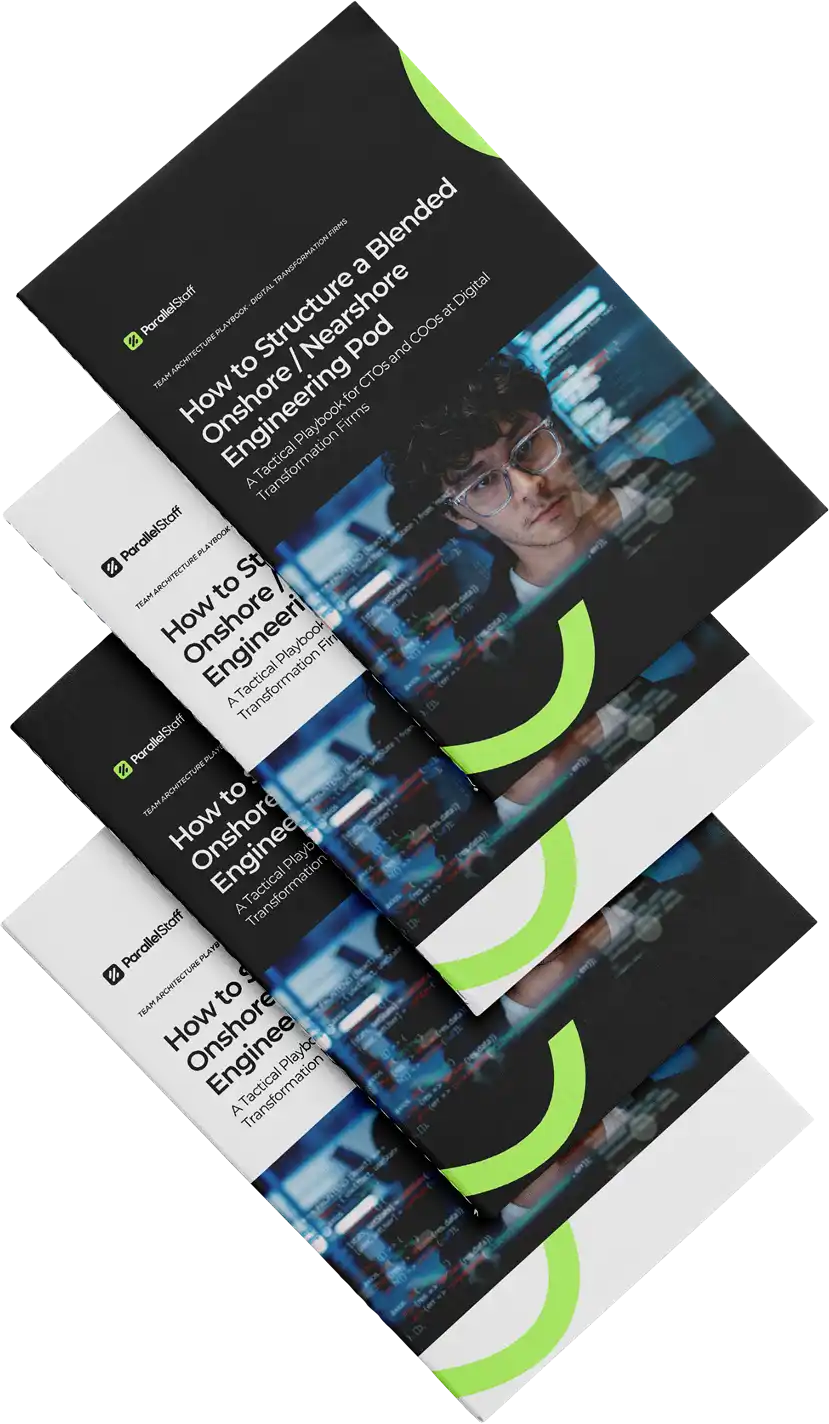 parallelstaff- A stack of brochures titled How to Structure a Blended Onshore/Offshore Engineering Pod features a cover with a person looking at computer screens and green graphic accents.
