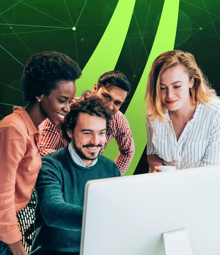 parallelstaff- Four people gather and smile around a computer monitor, appearing to collaborate on a project. The background features abstract green shapes and a digital network pattern.
