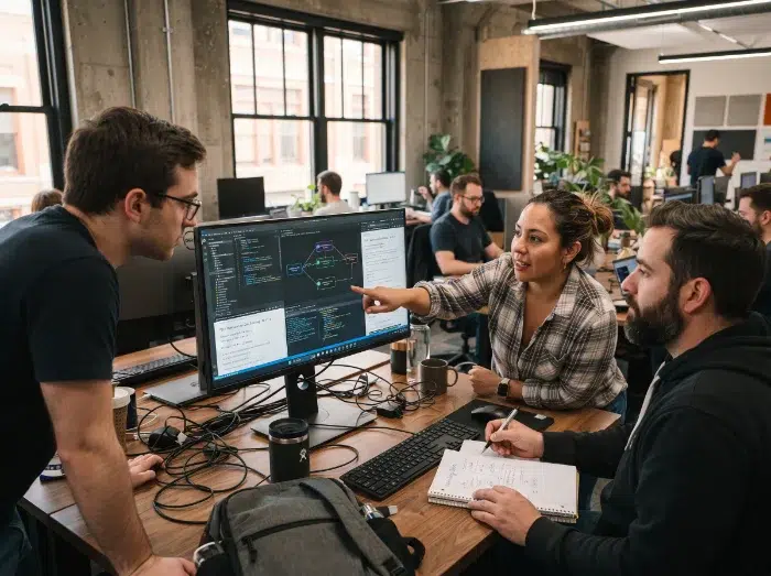 parallelstaff- Three coworkers discuss code displayed on a computer monitor in a modern office. One woman points at the screen while two men listen and take notes. Other employees work at desks in the background.