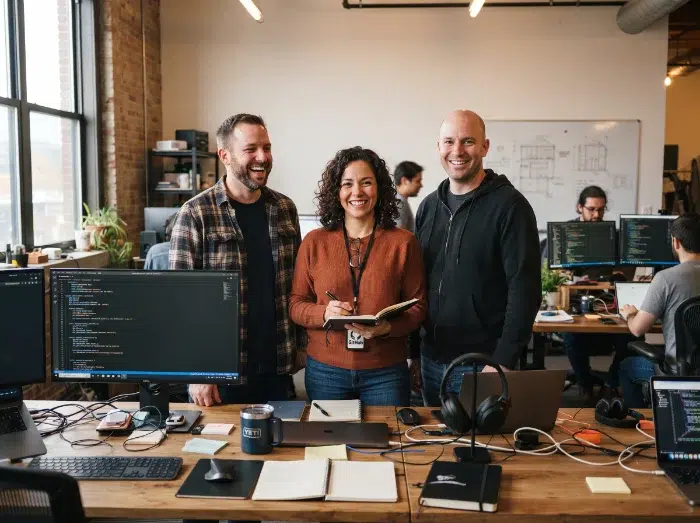 parallelstaff- Three smiling coworkers stand together in a modern office, surrounded by computers and notebooks on a shared desk, with other employees working in the background.