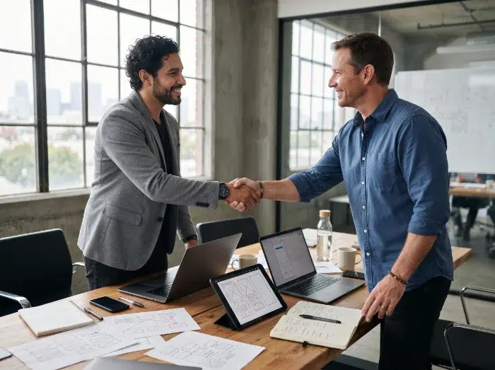 parallelstaff- Two men standing and shaking hands over a desk with laptops, papers, and digital tablets in a modern office setting, suggesting a successful business meeting or agreement.