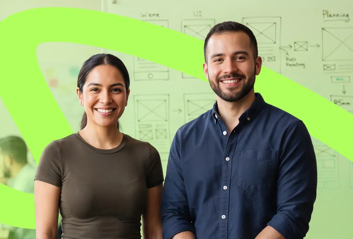 parallelstaff- Two people smiling and standing in front of a whiteboard with website wireframes and planning notes. A bright green graphic curve is overlaid on the image. Both appear to be in a collaborative work environment.